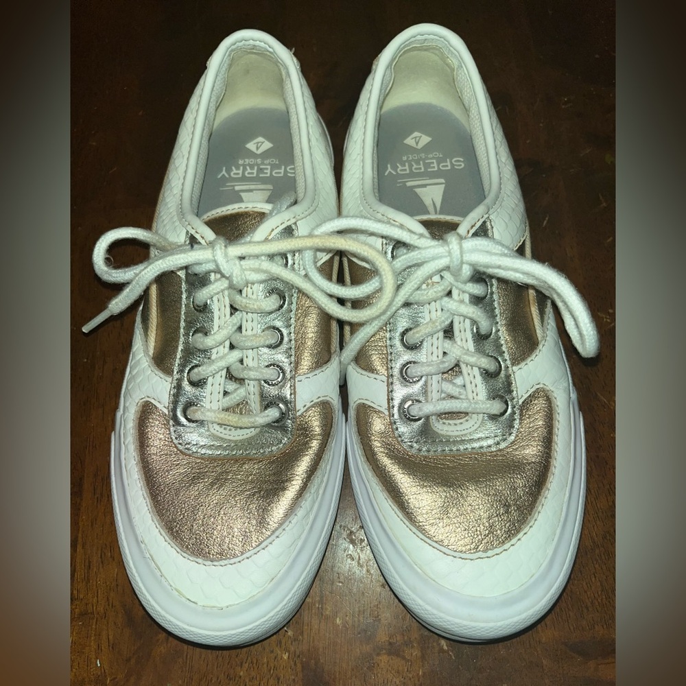 Sperry Women's Metallic Gold and White Sneakers